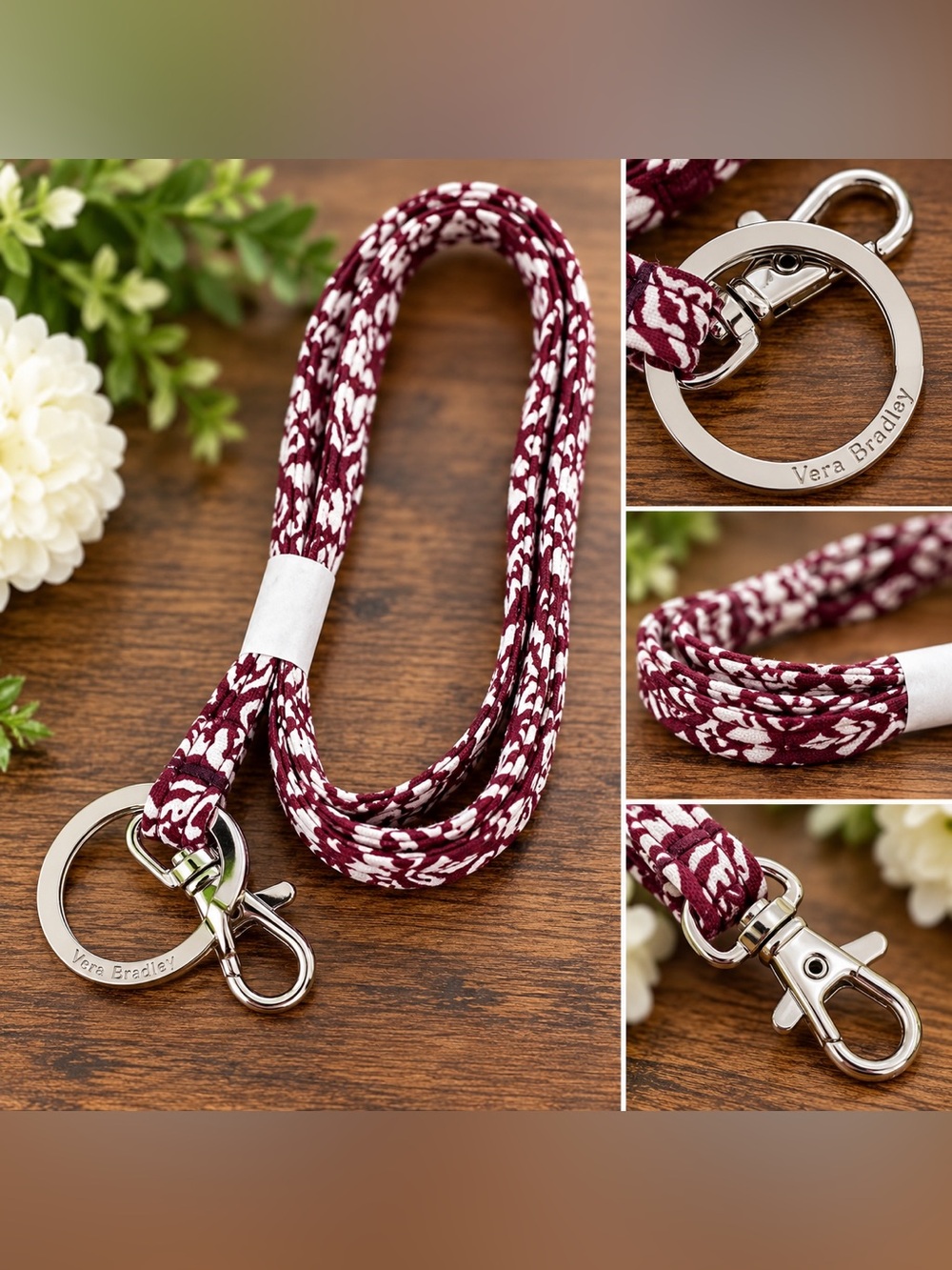 Vera Bradley Maroon White Lanyard Keychain Key Ring Claw Hook NWOT